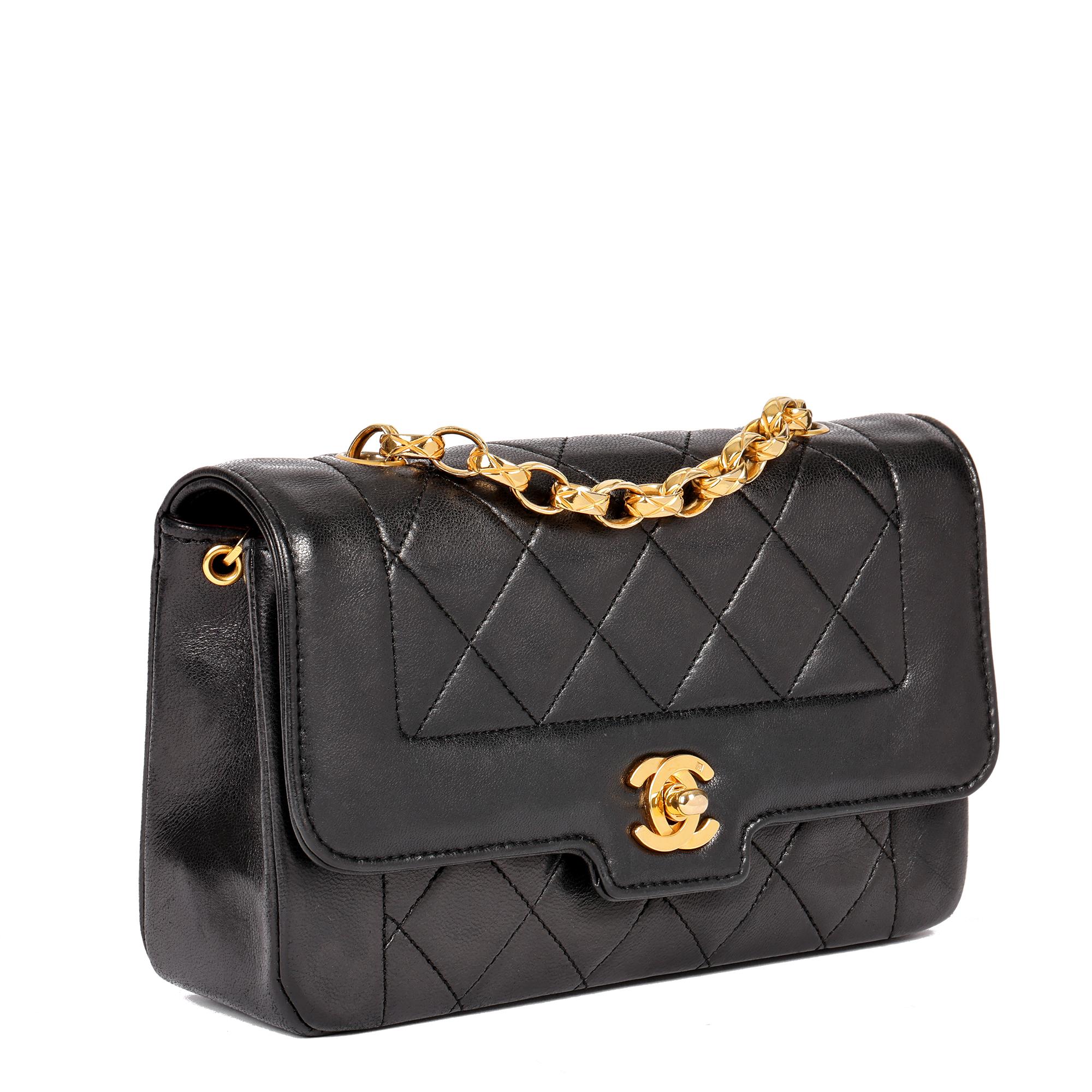 CHANEL
Black Quilted Lambskin Vintage Mini Diana Classic Single Flap Bag

Serial Number: 1873537
Age (Circa): 1990
Accompanied By: Chanel Dust Bag, Authenticity Card
Authenticity Details: Authenticity Card, Serial Sticker (Made in France)
Gender: