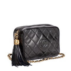 CHANEL Black Quilted Lambskin Vintage Mini Fringe Timeless Camera Bag