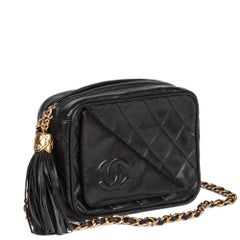 CHANEL Black Quilted Lambskin Vintage Mini Fringe Timeless Camera Bag