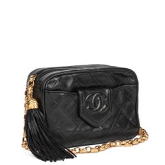 CHANEL Black Quilted Lambskin Vintage Mini Fringe Timeless Camera Bag