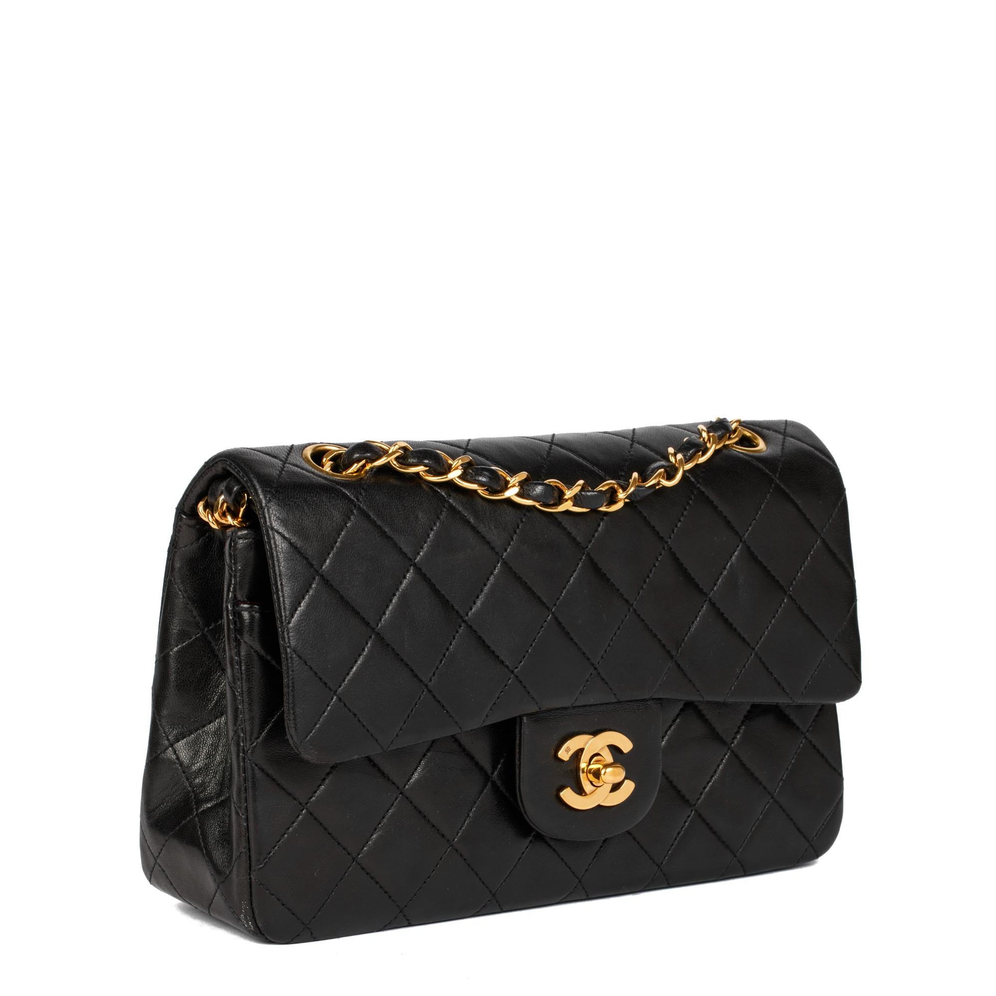 CHANEL
Black Quilted Lambskin Vintage Small Classic Double Flap Bag

Serial Number: 2710414
Age (Circa): 1993
Accompanied By: Chanel Dust Bag, Authenticity Card
Authenticity Details: Authenticity Card, Serial Sticker (Made in France)
Gender: