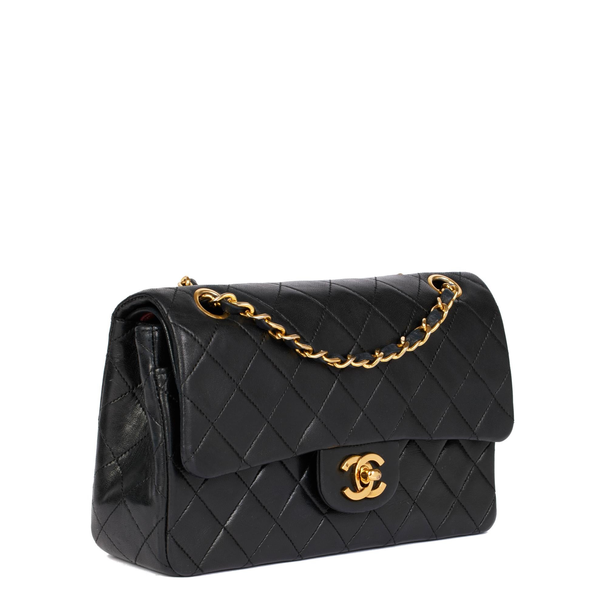 CHANEL
Black Quilted Lambskin Vintage Small Classic Double Flap Bag

Serial Number: 3256728
Age (Circa): 1994
Accompanied By: Chanel Dust Bag, Authenticity Card, Protective Felt
Authenticity Details: Authenticity Card, Serial Sticker (Made in