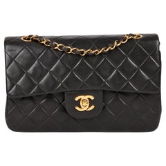 CHANEL Black Quilted Lambskin Vintage Small Classic Double Flap Bag 