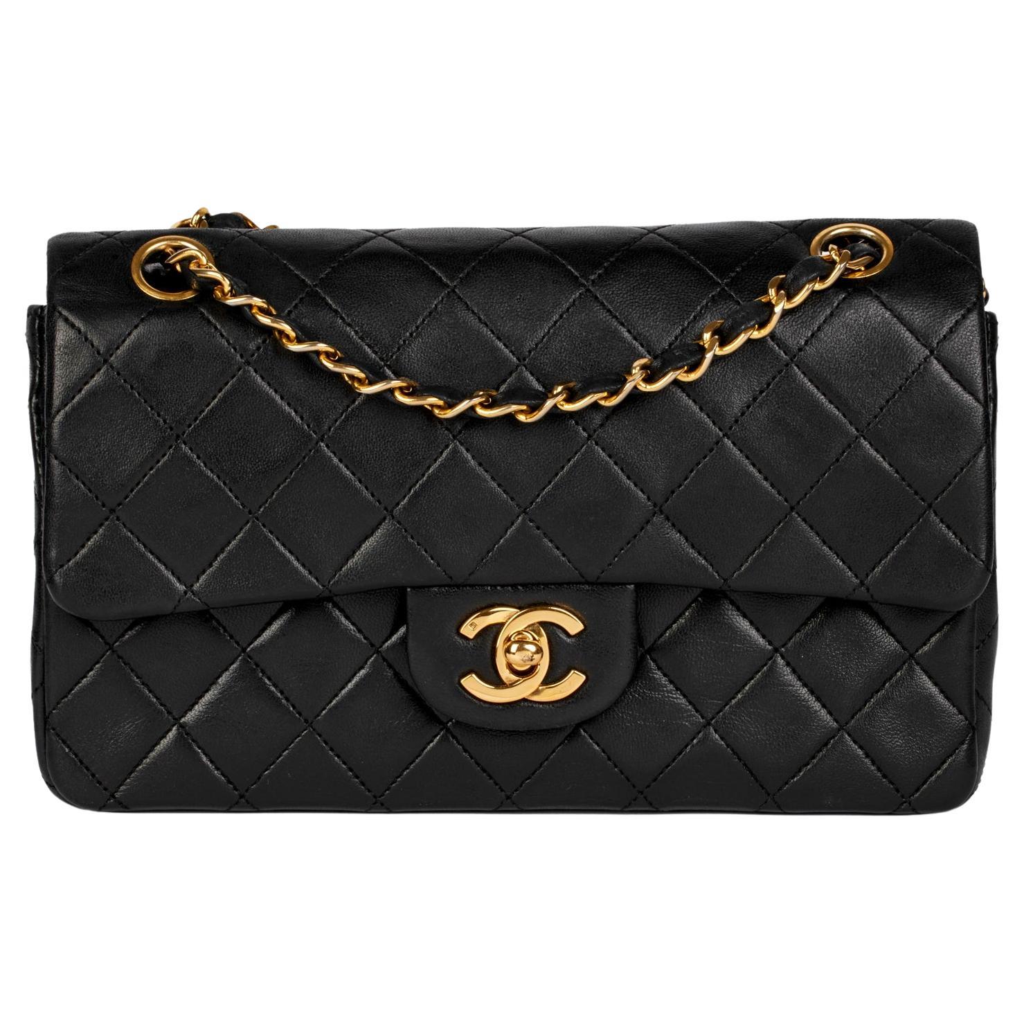 CHANEL Black Quilted Lambskin Vintage Small Classic Double Flap Bag For Sale