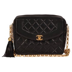 CHANEL Black Quilted Lambskin Vintage Small Classic Fringe Camera Bag