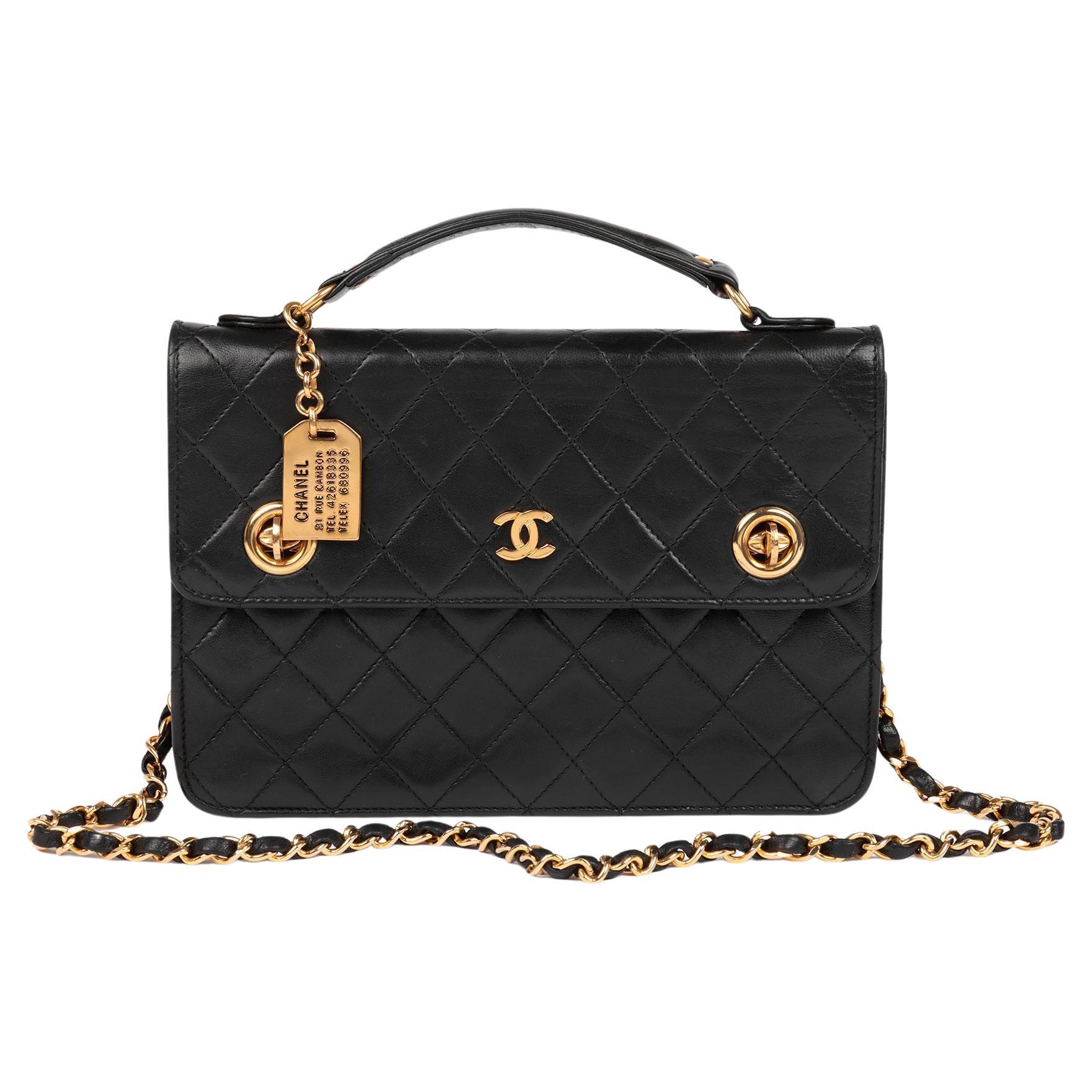 Chanel Schwarzes gestepptes Lammfell Vintage Small Classic Single Flap Bag im Angebot