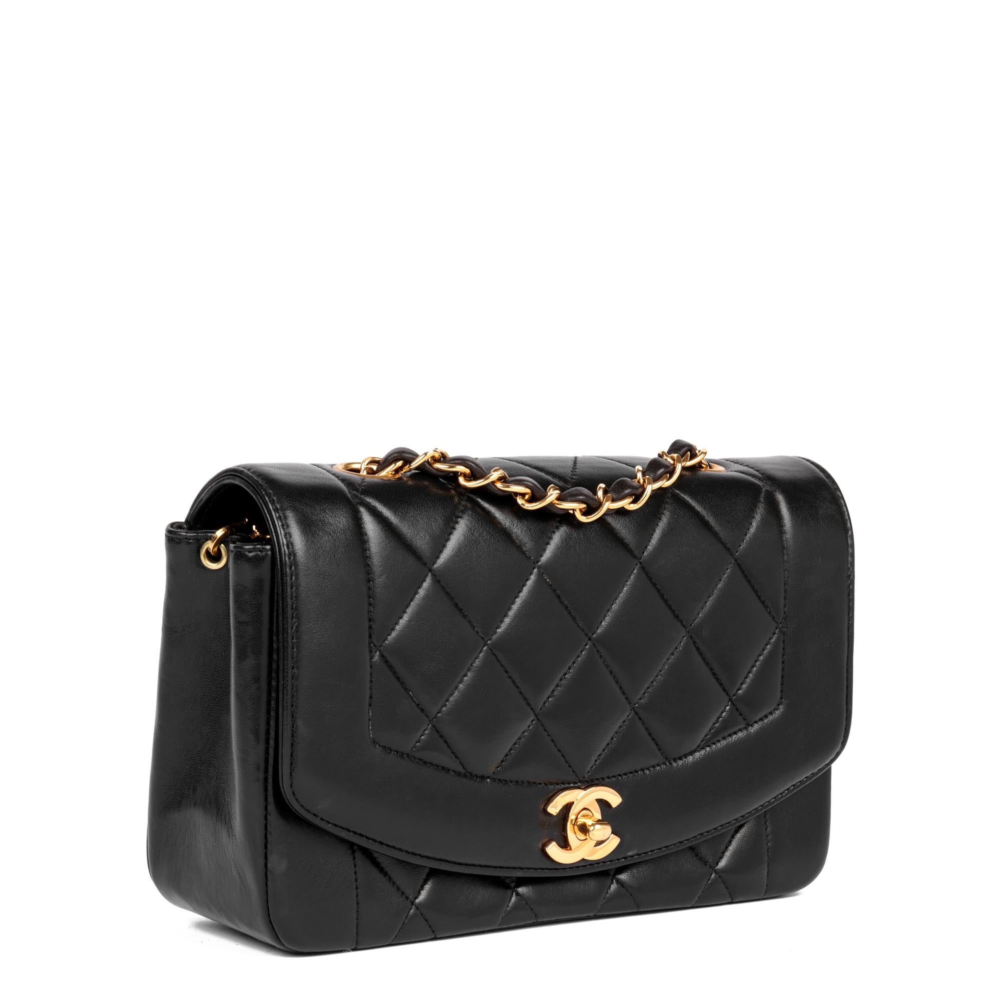 CHANEL
Black Quilted Lambskin Vintage Small Diana Classic Single Flap Bag

Serial Number: 4315409
Age (Circa): 1996
Accompanied By: Chanel Dust Bag, Care Booklet, Authenticity Card
Authenticity Details: Authenticity Card, Serial Sticker (Made in