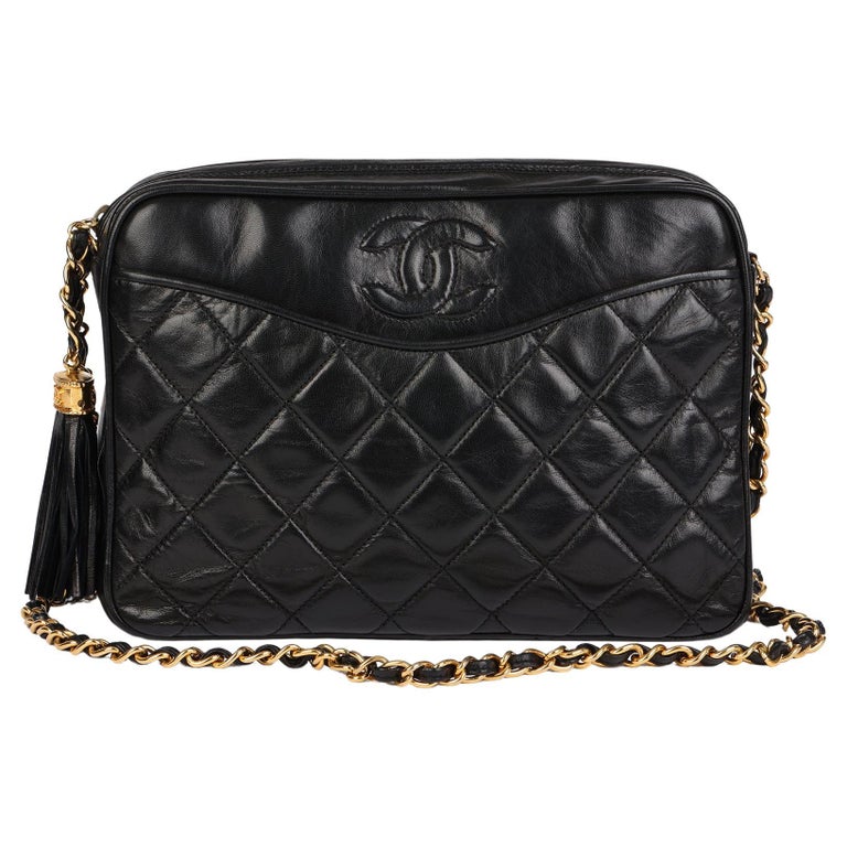Chanel Vintage Chanel Black Quilted Leather Fringe Shoulder Bag Gold