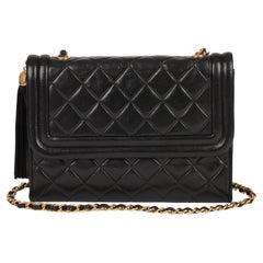 CHANEL Black Quilted Lambskin Vintage Small Timeless Fringe Single Flap Bag 