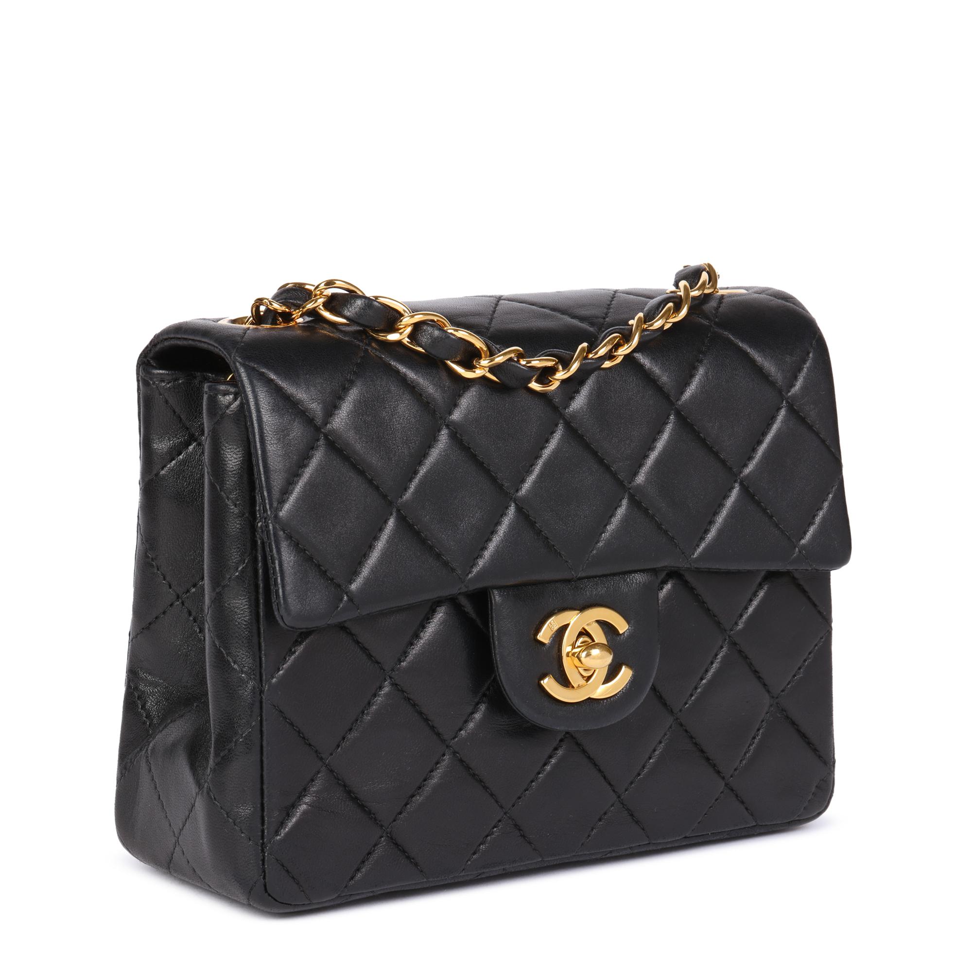 CHANEL
Black Quilted Lambskin Vintage Square Mini Flap Bag

Serial Number: 6298390
Age (Circa): 2000
Accompanied By: Chanel Dust Bag, Authenticity Card 
Authenticity Details: Authenticity Card, Serial Sticker (Made in France)
Gender: Ladies
Type: