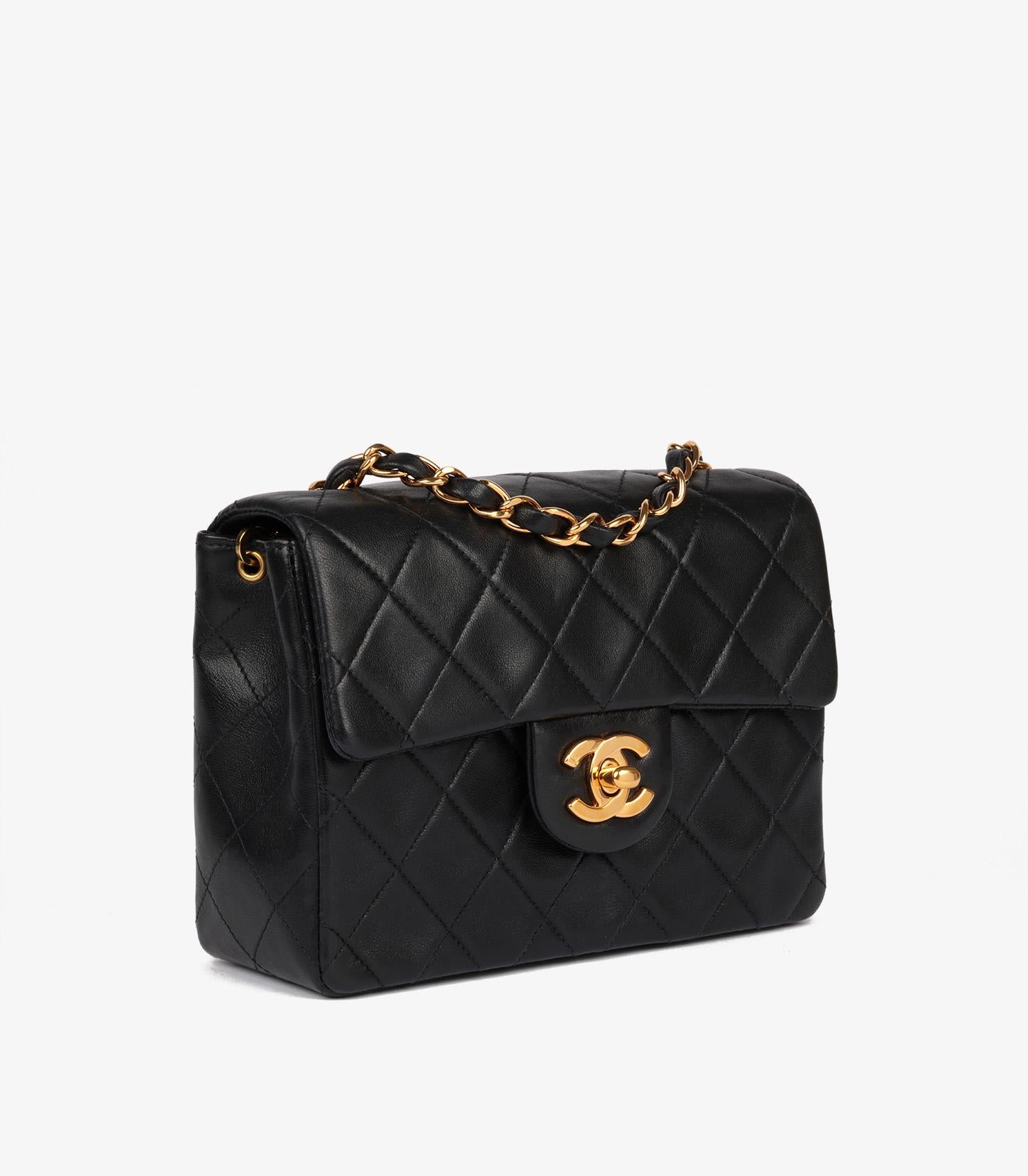 Brand- Chanel
Model- Square Mini Flap Bag
Product Type- Crossbody, Shoulder
Serial Number- 52*****
Age- Circa 1997
Accompanied By- Chanel Dust Bag, Authenticity Card
Colour- Black
Hardware- Gold (24k Plated)
Material(s)- Lambskin