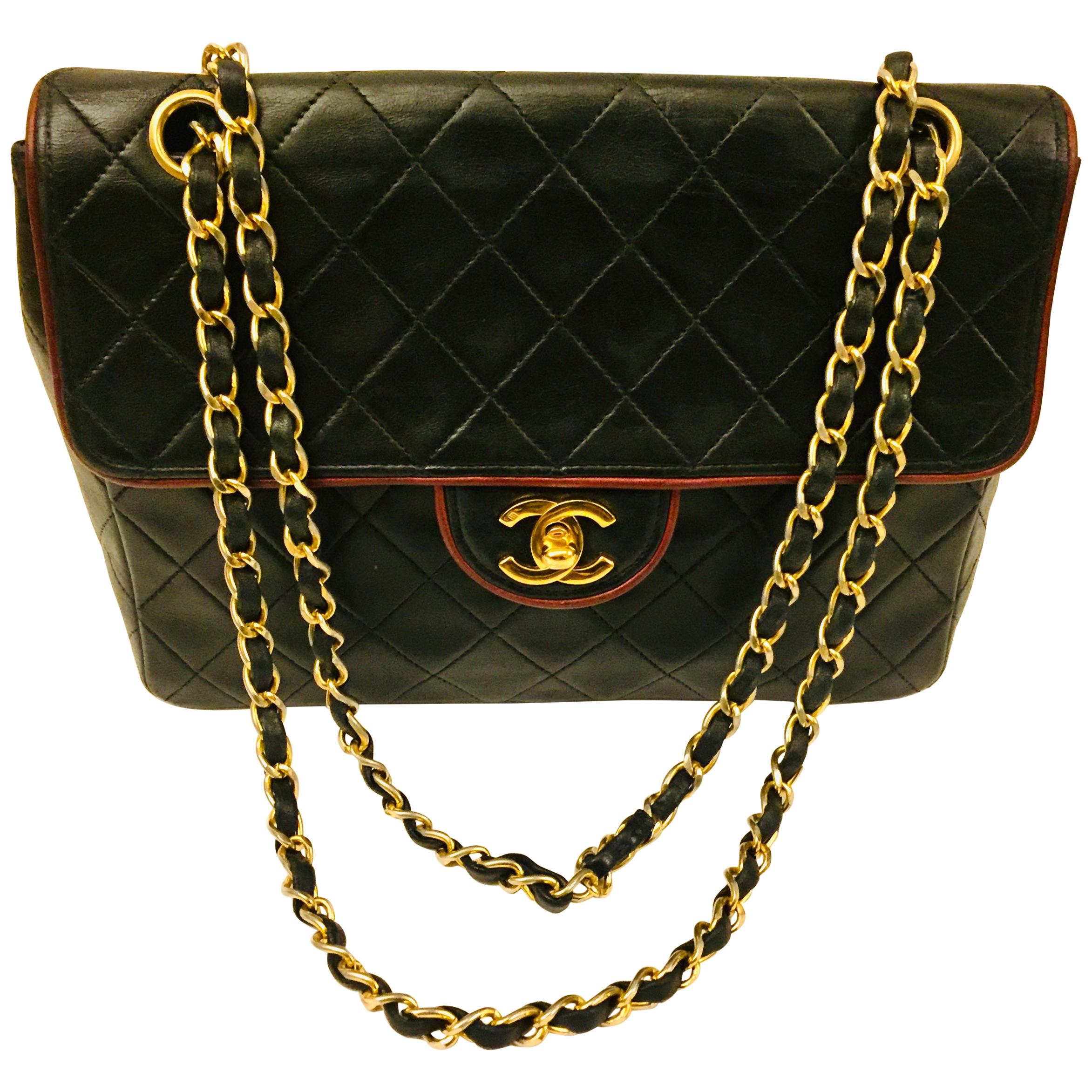 Chanel Black Quilted Lambskin with Red Piping Shoulder Bag