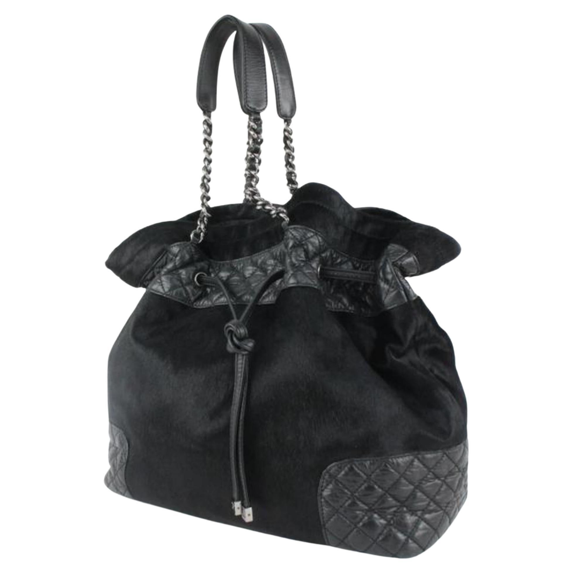 Chanel Black Quilted Lambskin x Pony Hair Drawstring Bucket Chain Hobo 1115c4 For Sale
