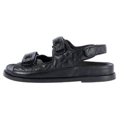 CHANEL cuir matelassé noir 2021S ALL BLACK DAD Sandales Chaussures 38.5