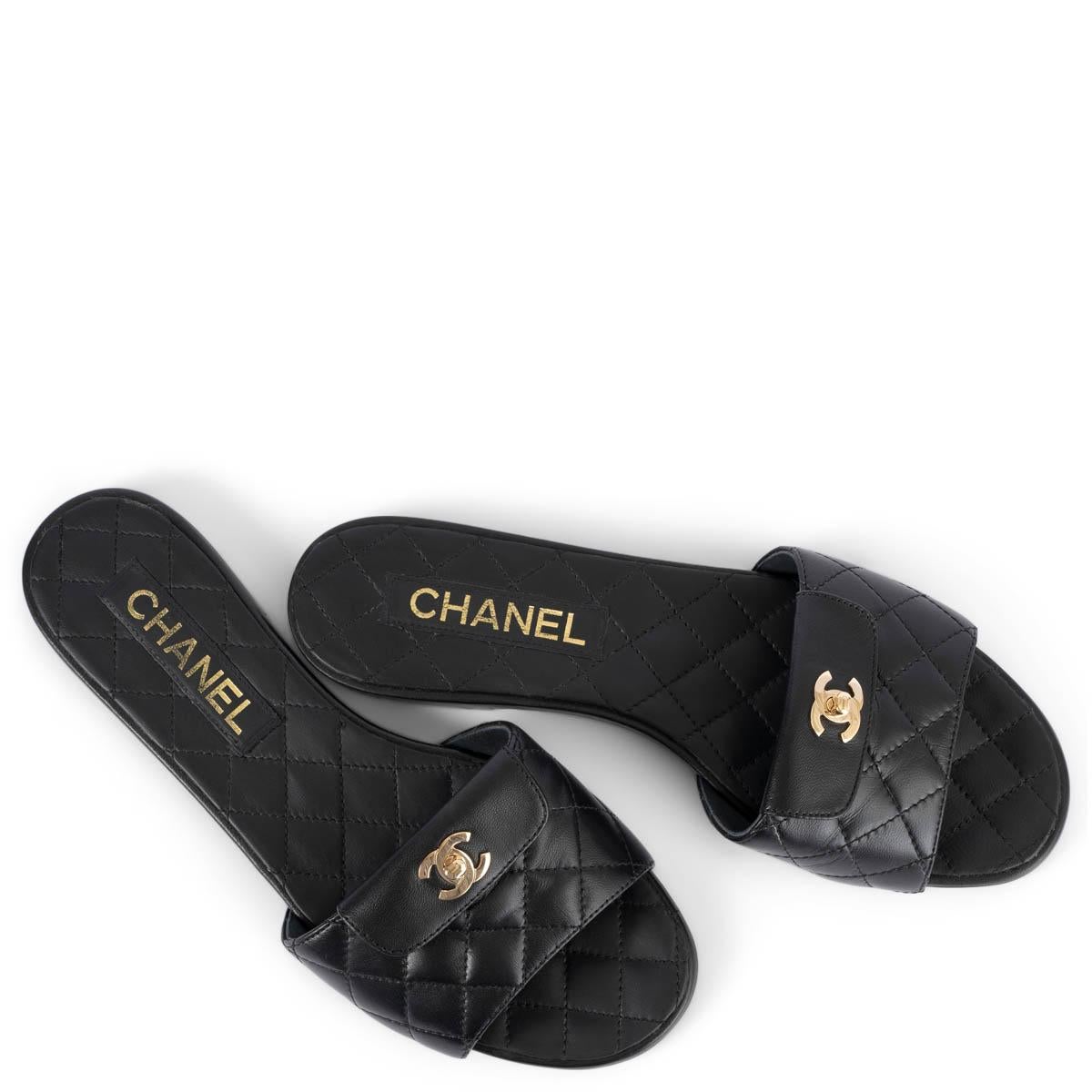 Women's CHANEL black quilted leather 2022 REV TURNLOCK Sandals Shoes 39