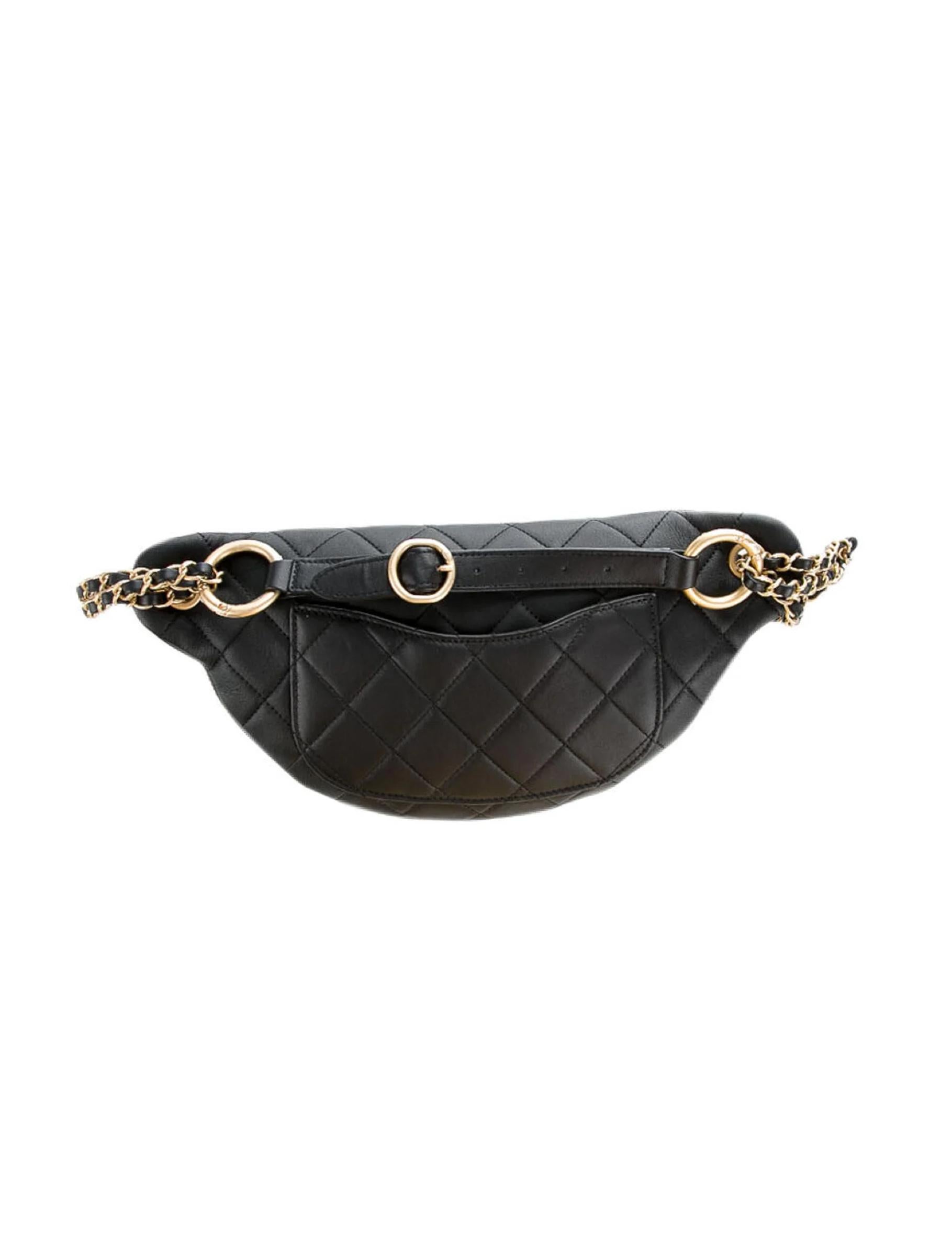 Released for the Pre-Fall 2019 Collection. This bag is made with supple lambskin leather in black with diamond quilting. Features zip closure at the top, a zipper pull adorned with a CC Charm, a  gold toned chain strap interlaced with leather to