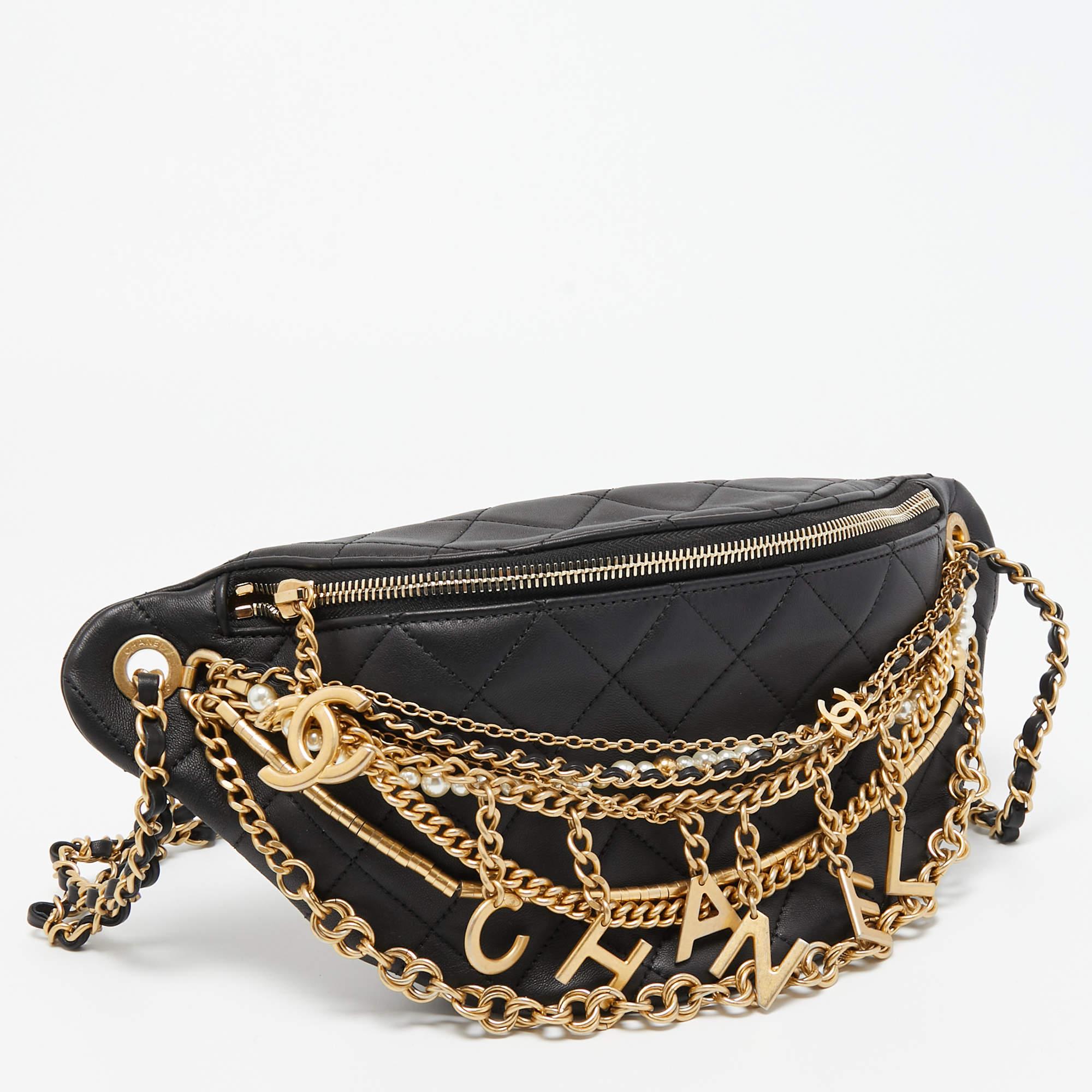 Chanel Black Quilted Leather All About Chains Waist Bag In Good Condition In Dubai, Al Qouz 2