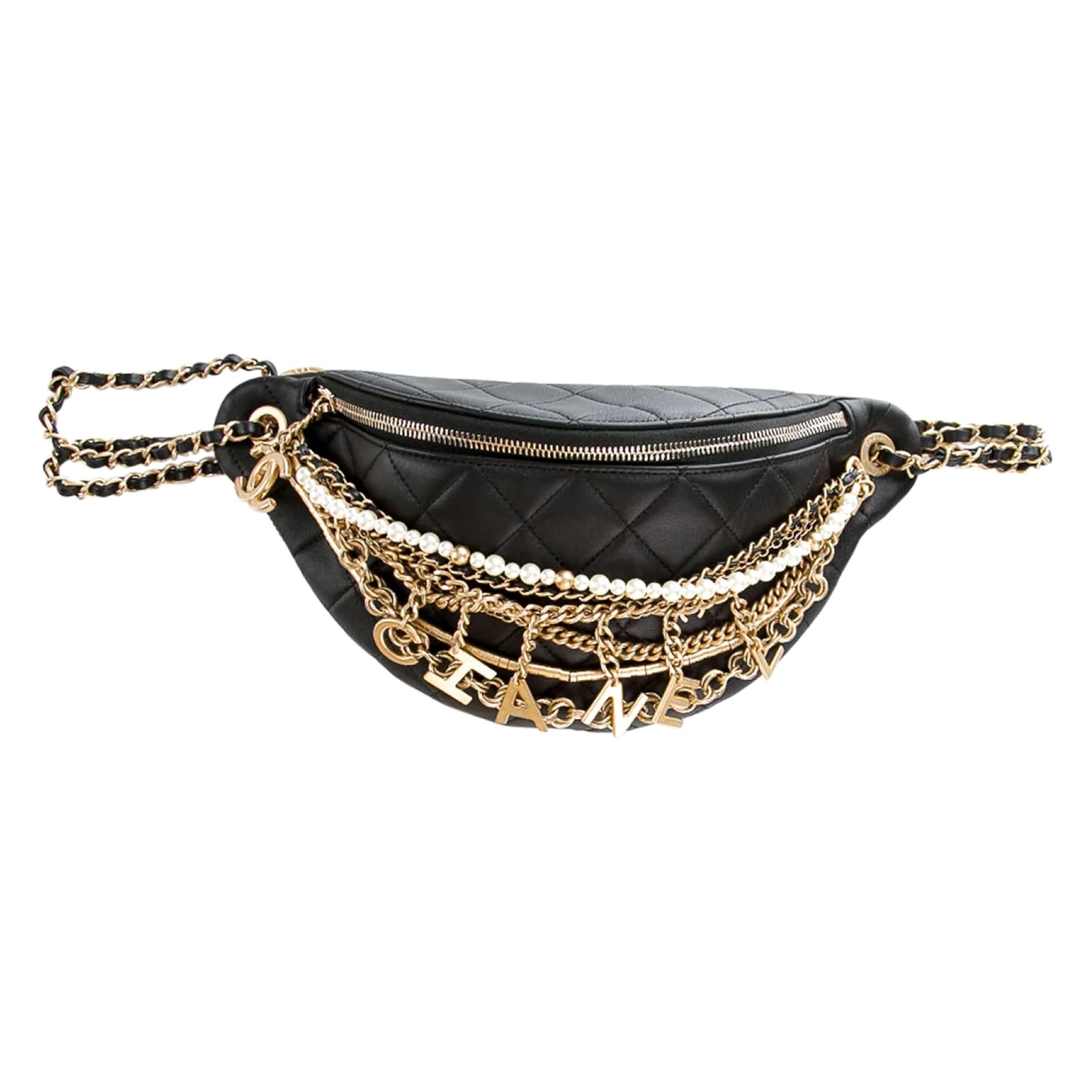 Chanel 19A Black All About Chains Pearl Fanny Pack Bag GHW