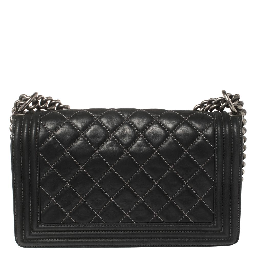 Women's Chanel Black Quilted Leather and Nubuck Medium Wild Stitch Boy Flap Bag