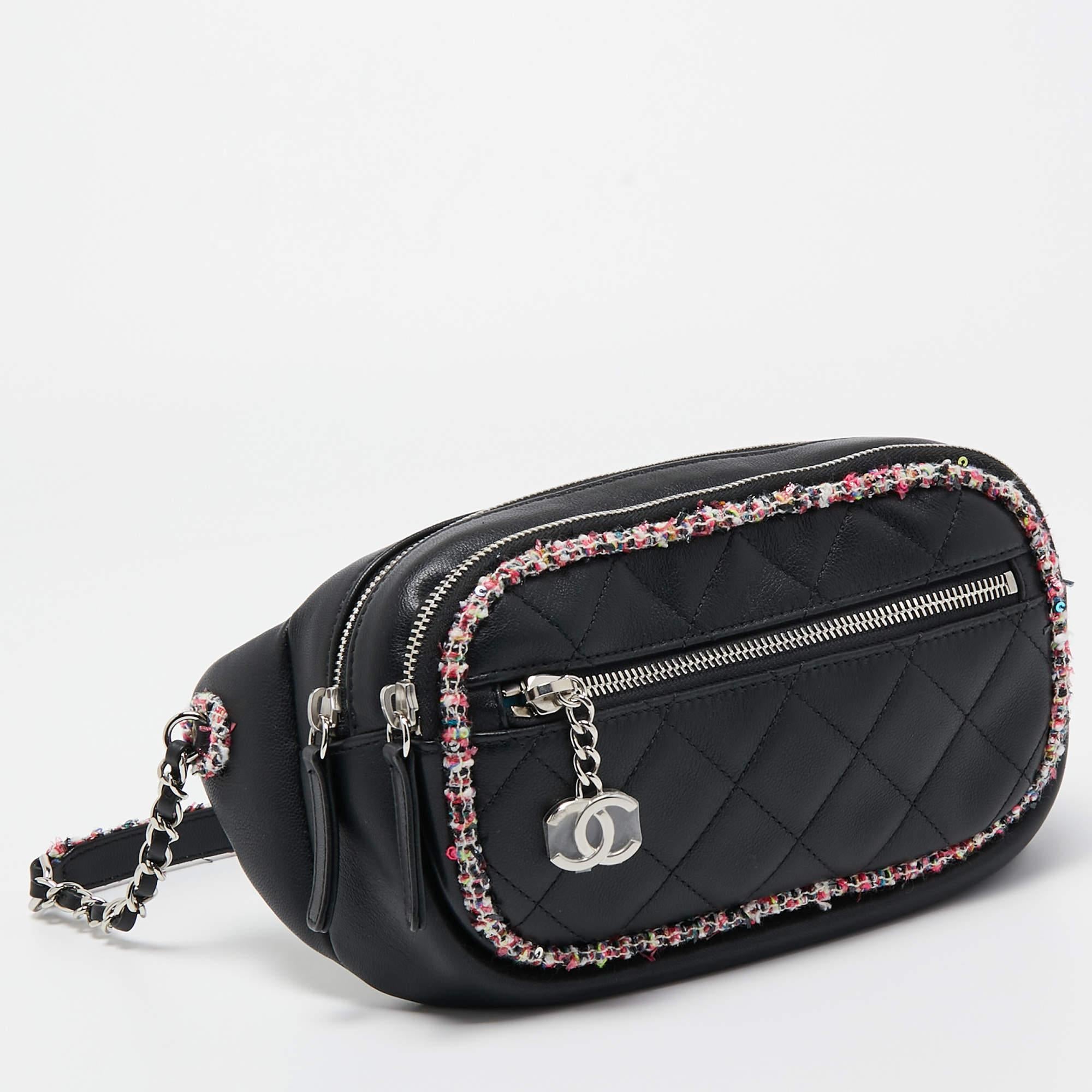 Chanel Black Quilted Leather and Tweed Elegant Trim Waist Belt Bag In Good Condition In Dubai, Al Qouz 2