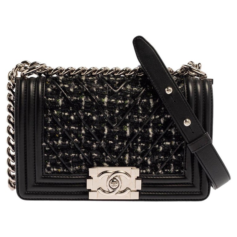Chanel Black Quilted Leather and Tweed Small Boy Flap Bag at 1stDibs