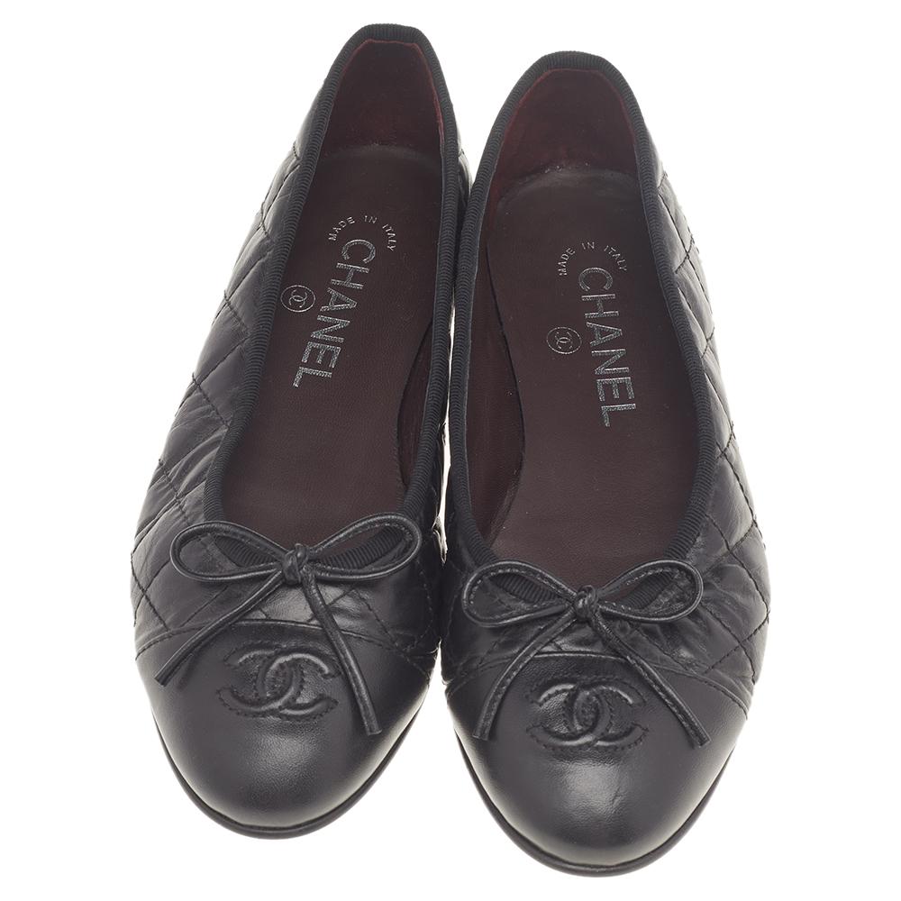 Chanel Black Quilted Leather Bow CC Cap Toe Ballet Flats Size 36 1