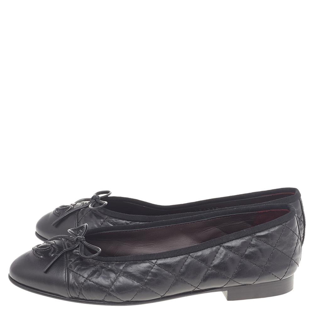 Chanel Black Quilted Leather Bow CC Cap Toe Ballet Flats Size 36 3