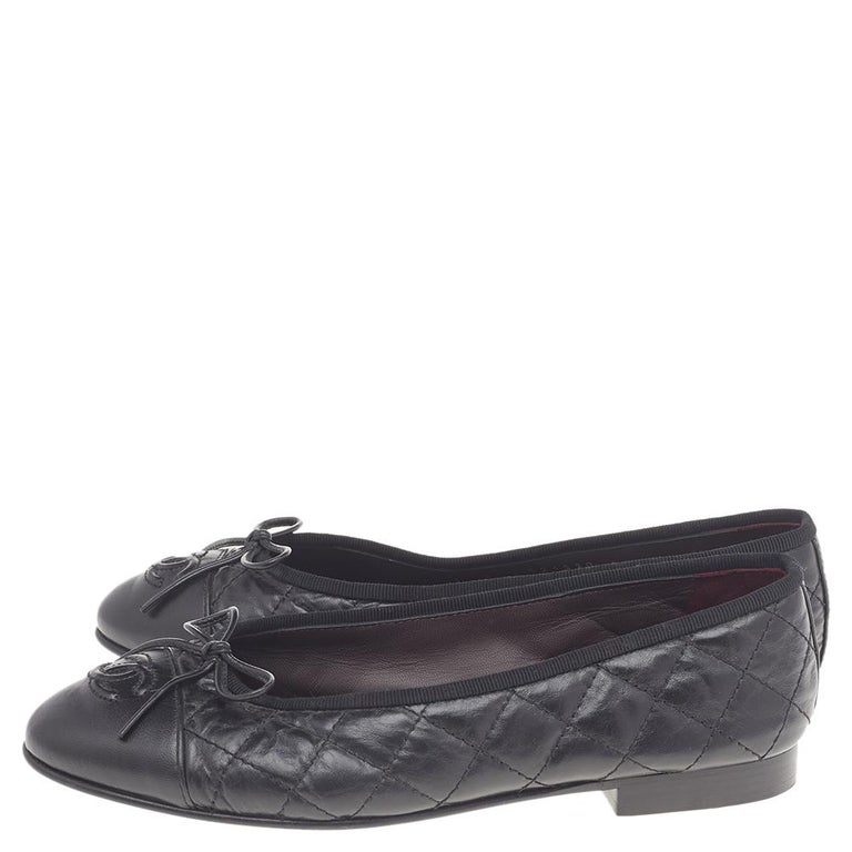 Chanel Black Quilted Leather Bow CC Cap Toe Ballet Flats Size 36