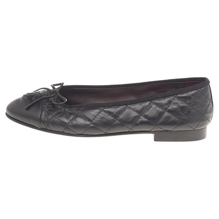 Chanel Black Quilted Leather Bow CC Cap Toe Ballet Flats Size 36 at 1stDibs