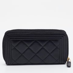 Chanel Black Quilted Leather Boy Zip Around Wallet
