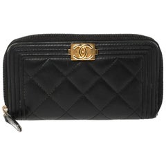 Chanel Black Quilted Leather Boy Zip Around Wallet