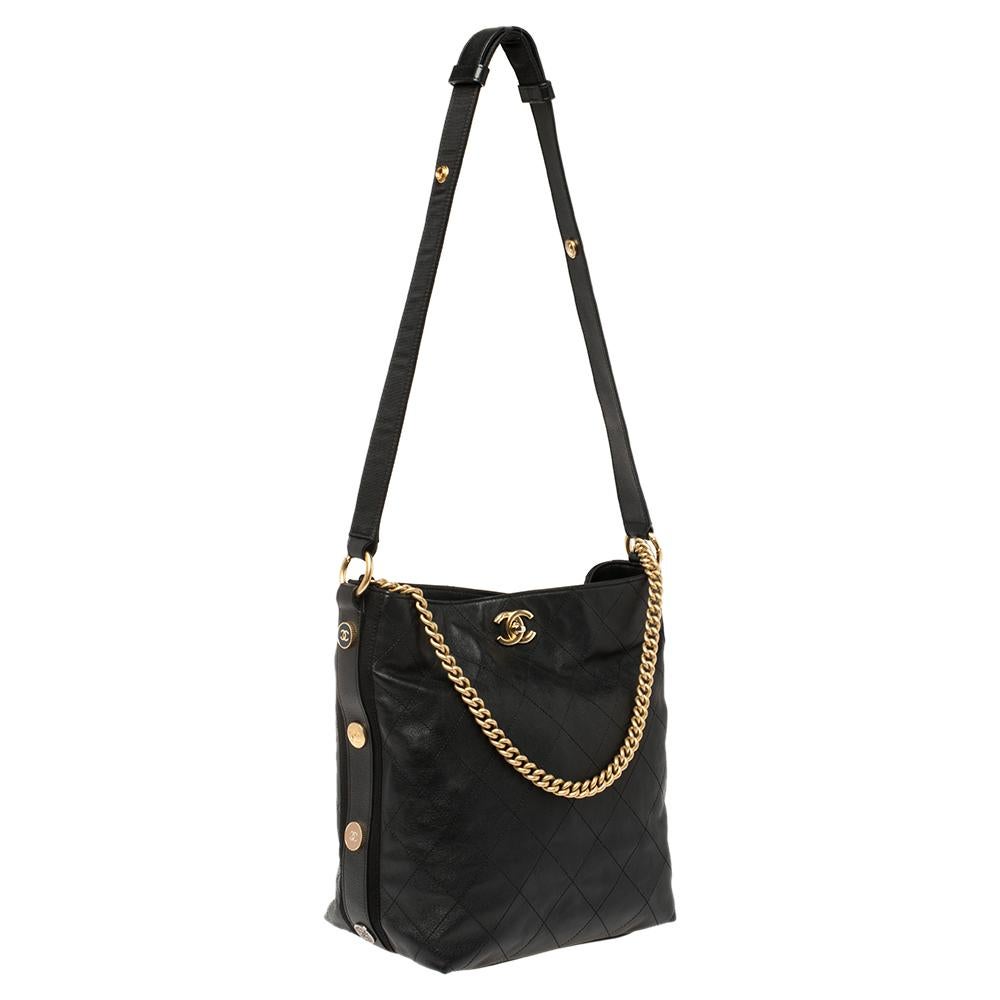 Chanel Black Quilted Leather Button Up Hobo