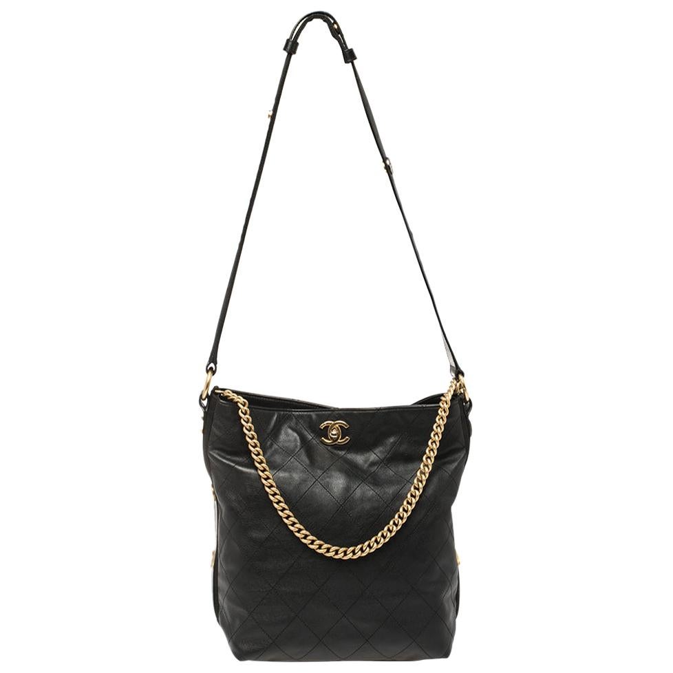Chanel Black Quilted Leather Button Up Hobo at 1stDibs