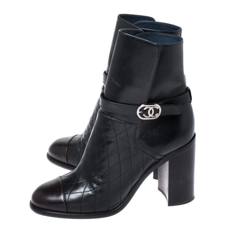 Chanel Black Quilted Leather Cap Toe CC Buckle Ankle Boots Size 40 1