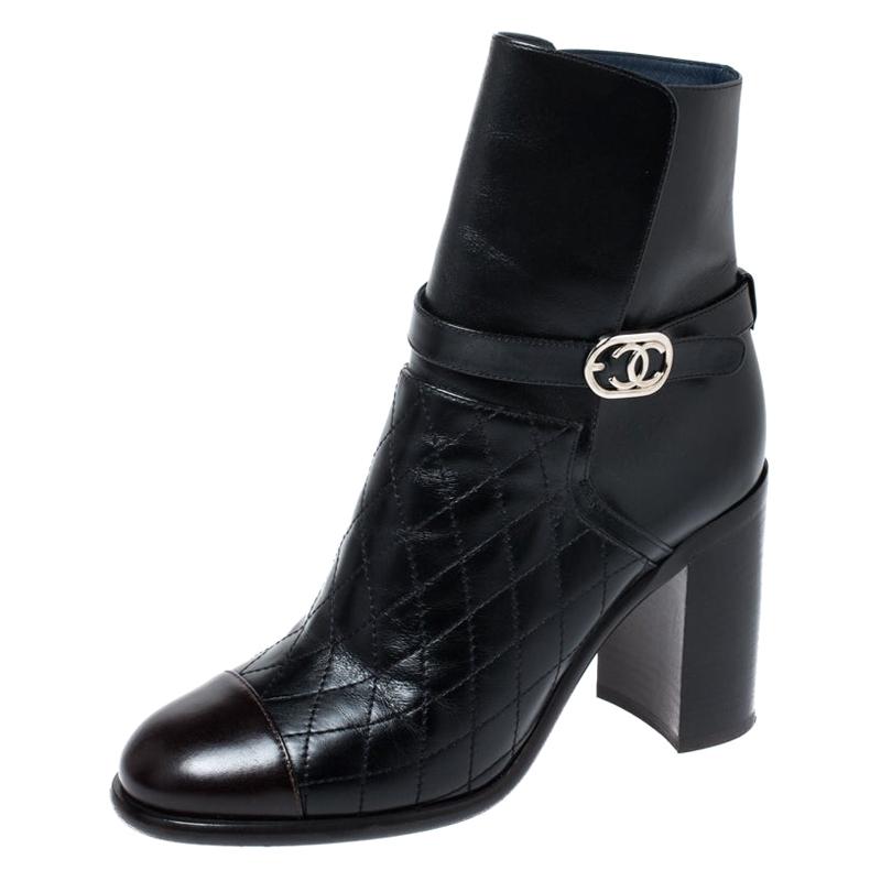 Chanel Black Quilted Leather Cap Toe CC Buckle Ankle Boots Size 40