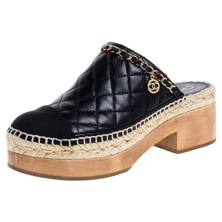 Chanel Black Quilted Leather Cap Toe Chain Mules Size 37 at