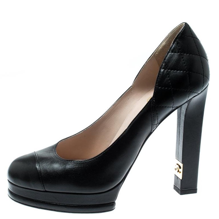 Chanel Black Quilted Leather Cap Toe Platform Block Heel Pumps Size 39