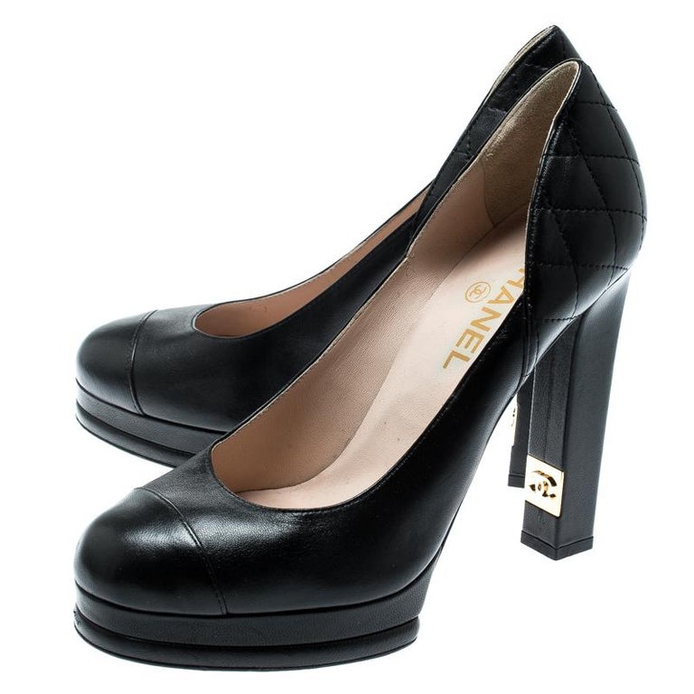 Chanel Black Quilted Leather Cap Toe Platform Block Heel Pumps Size 39