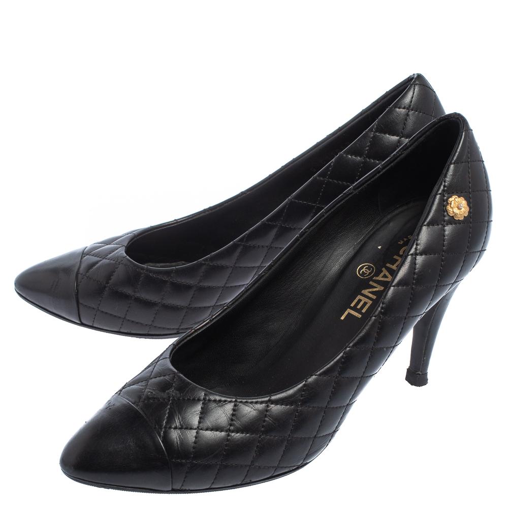 Chanel Black Quilted Leather Cap Toe Pumps Size 40.5 1