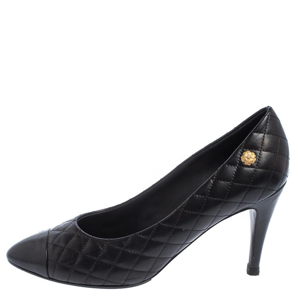 Chanel Black Quilted Leather Cap Toe Pumps Size 40.5 2
