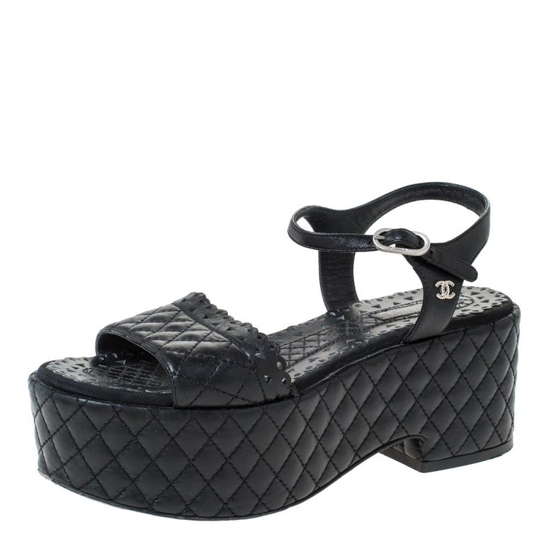 Chanel Black Quilted Leather CC Ankle Strap Platform Sandals Size 36 at  1stDibs