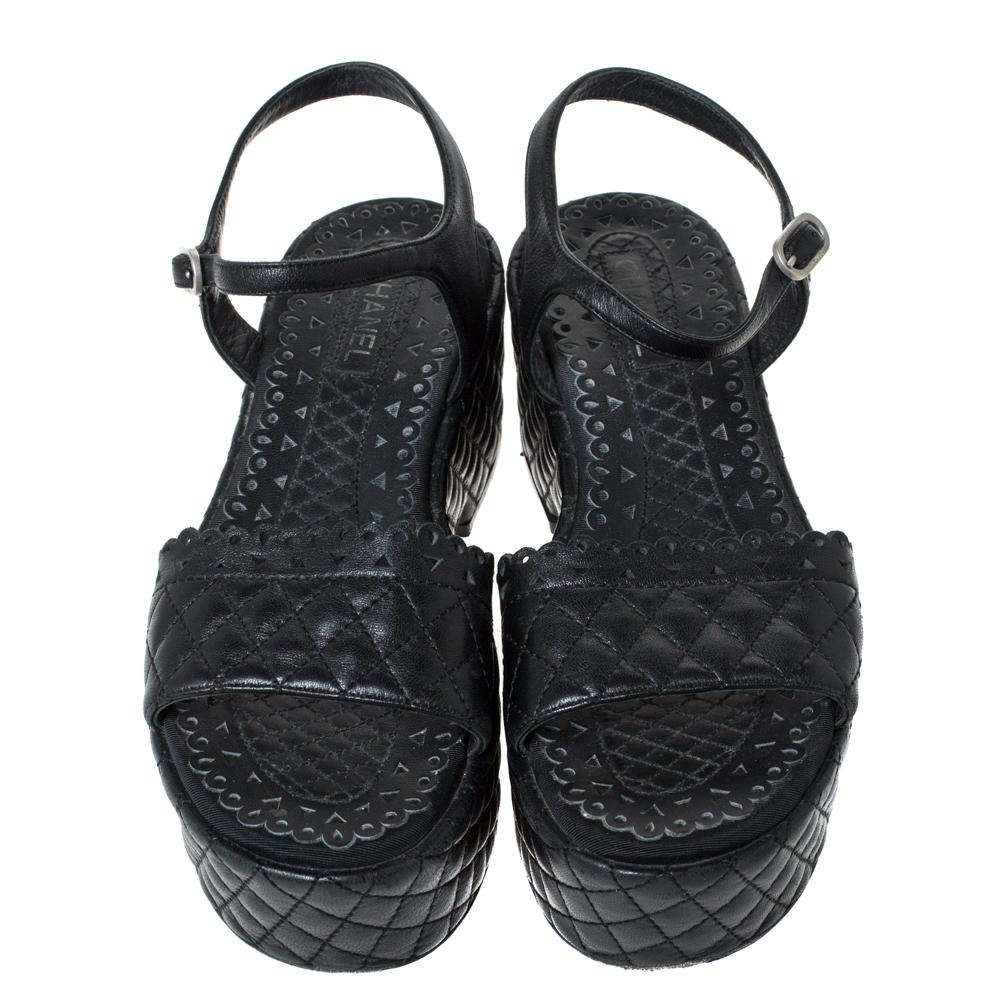 Chanel Black Quilted Leather CC Ankle Strap Platform Sandals Size 36 1