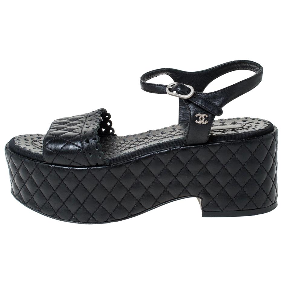 Chanel Black Quilted Leather CC Ankle Strap Platform Sandals Size 36