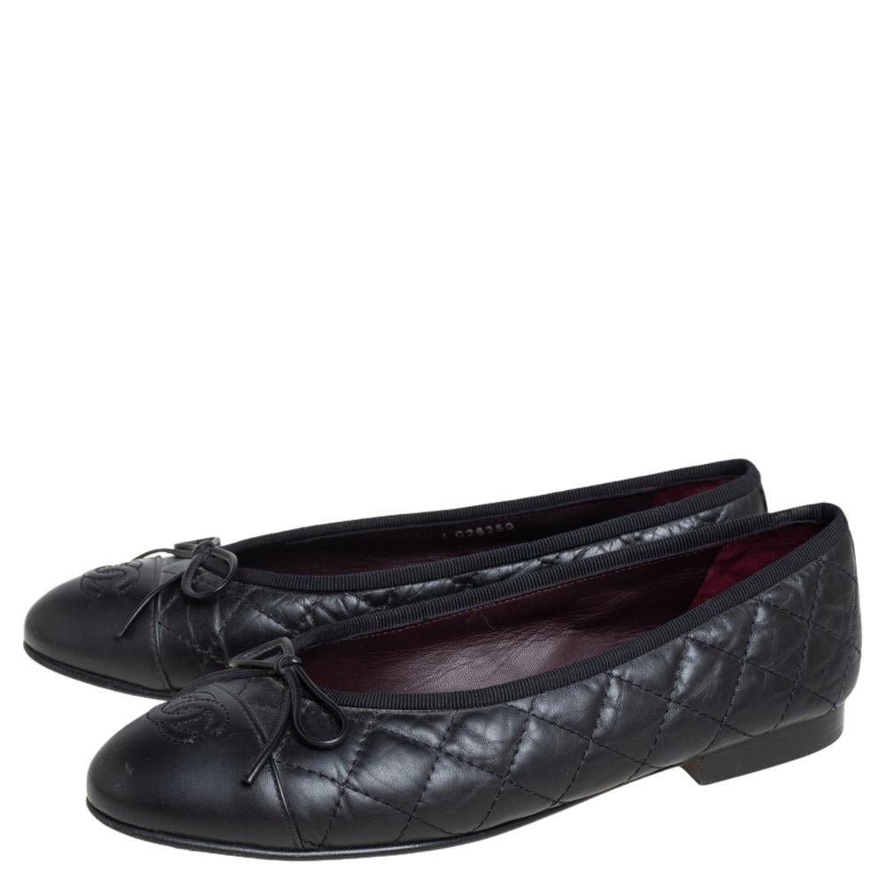 Women's Chanel Black Quilted Leather CC Bow Cap Toe Ballet Flats Size 36.5