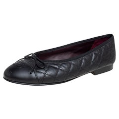 Chanel Black Quilted Leather CC Bow Cap Toe Ballet Flats Size 36.5