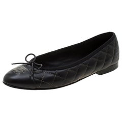 Chanel Black Quilted Leather CC Bow Cap Toe Ballet Flats Size 39.5