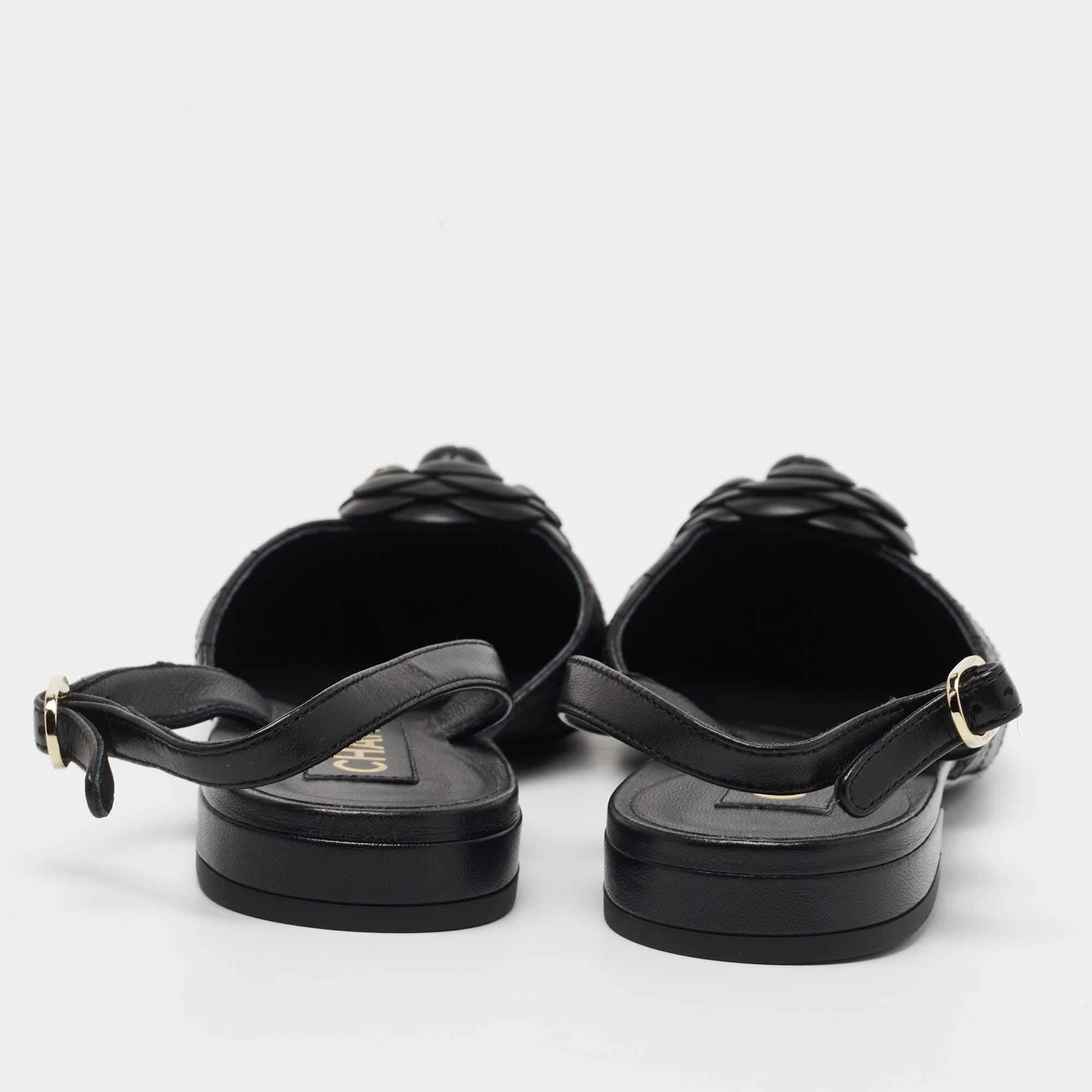 Chanel Black Quilted Leather CC Camelia Slingback Flats Size 39 1