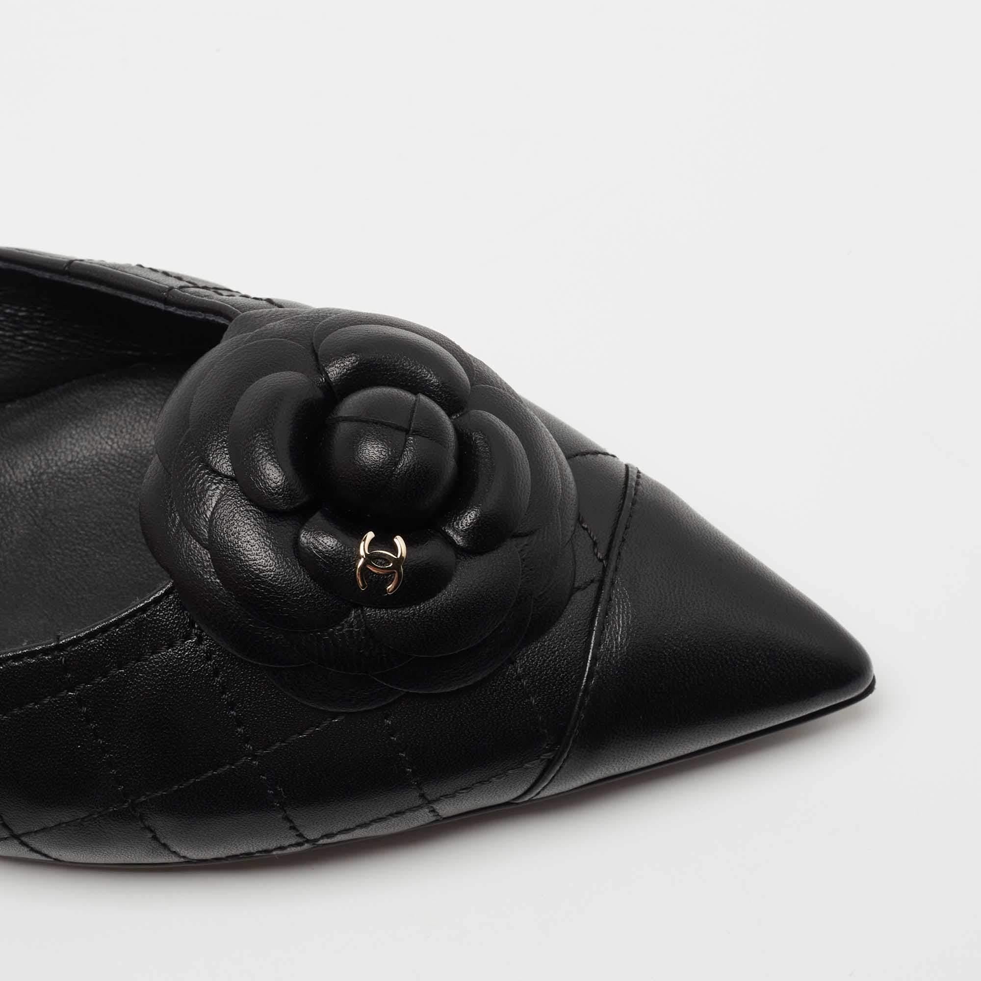 Chanel Black Quilted Leather CC Camelia Slingback Flats Size 39 2