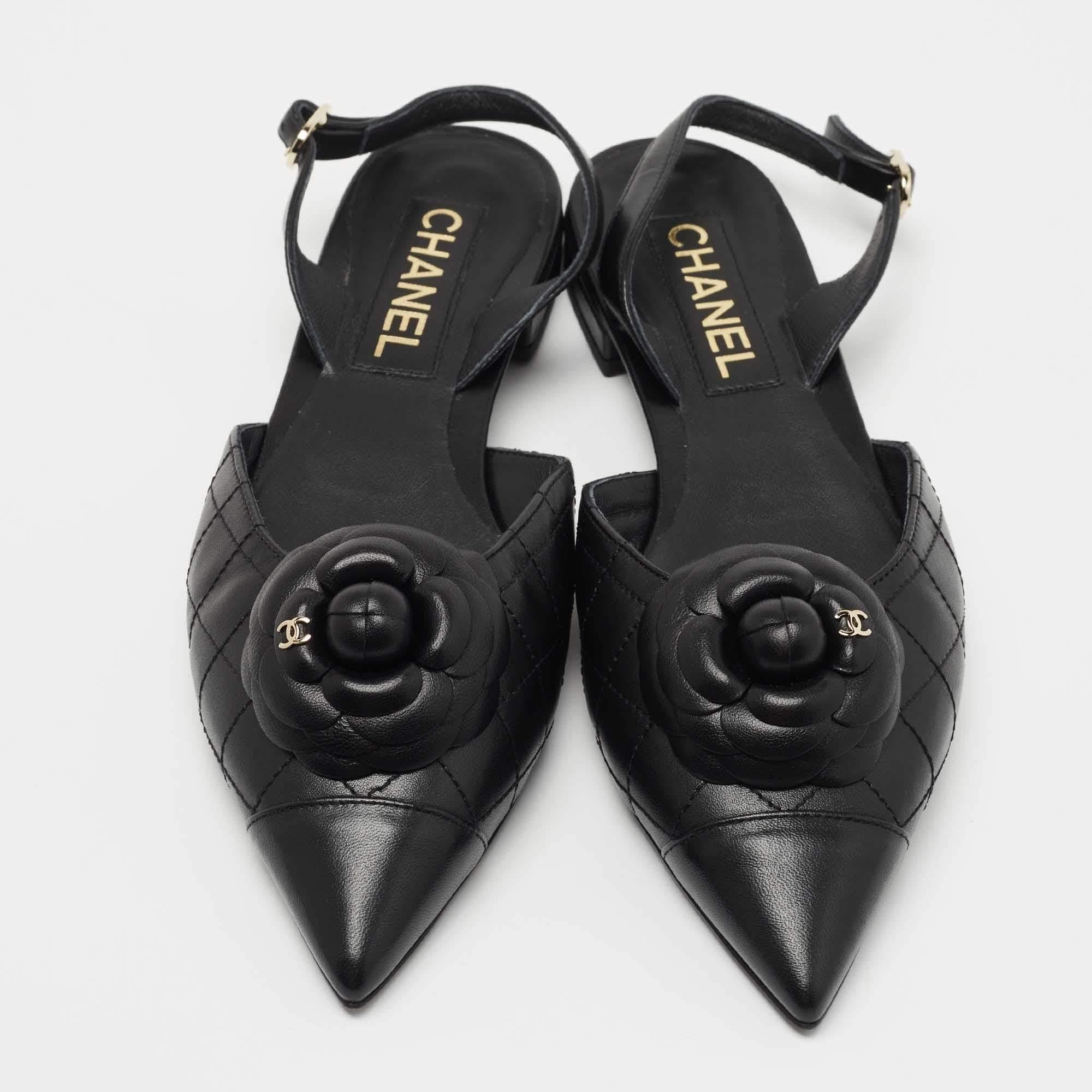 Chanel Black Quilted Leather CC Camelia Slingback Flats Size 39 3
