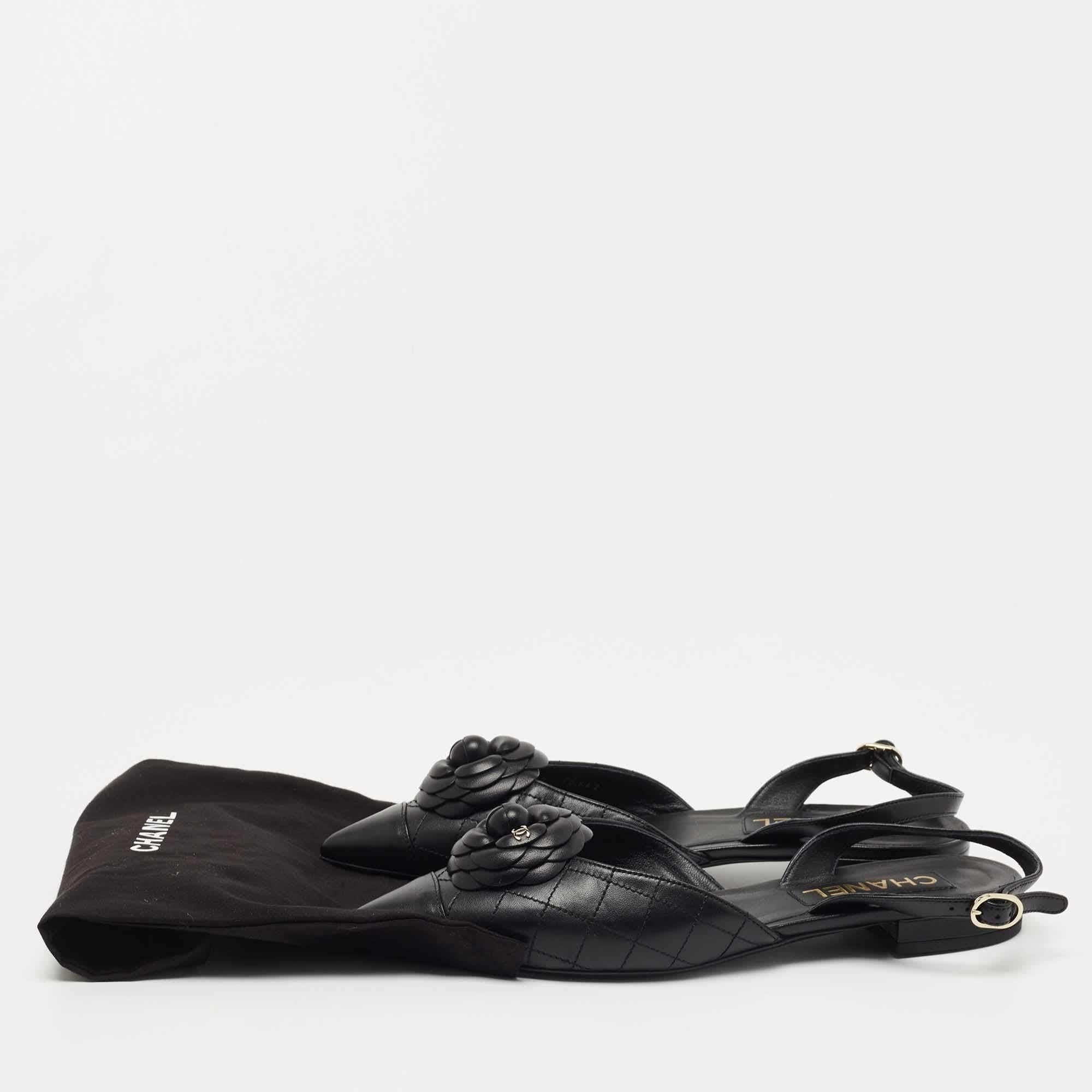 Chanel Black Quilted Leather CC Camelia Slingback Flats Size 39 4